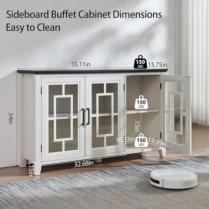 Large Sideboard Buffet Cabinet with Storage, 55" Farmhouse White Kitchen Coffee Wine Bar Cabinet with 3 Glass Doors, Wood Mid Century Modern Side Board Table for Dining Room, Living Room
