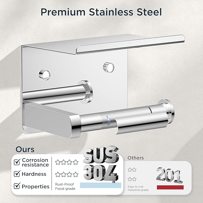 Toilet Paper Holder with Shelf, Adhesive or Screw Wall Mount Toilet Paper Roll Holder for Bathroom, Rustproof 304 Stainless Steel Toilet Roll Tissue Holder Dispenser with Phone Shelf (2, Chrome)