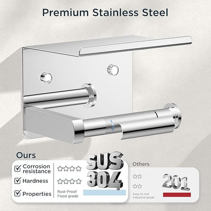 Toilet Paper Holder with Shelf, Adhesive or Screw Wall Mount Toilet Paper Roll Holder for Bathroom, Rustproof 304 Stainless Steel Toilet Roll Tissue Holder Dispenser with Phone Shelf (2, Chrome)