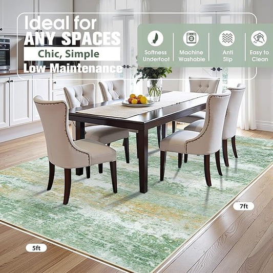 5x7 Area Rugs for Living Room Rug Washable: Abstract Rug for Dining Room Bedroom Carpet Non Slip 5 by 7 Indoor Modern Nursery Home Office Green