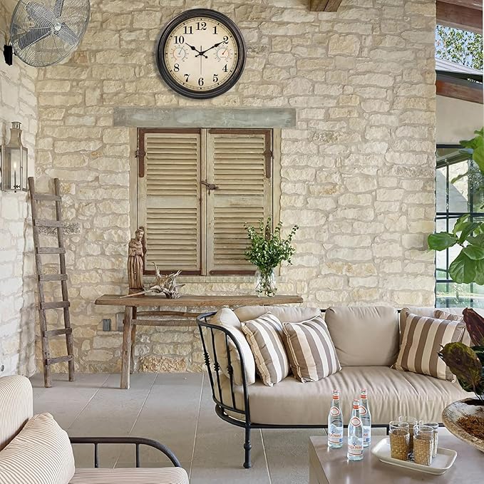 16 Inch Large Outdoor Clock with Thermometer and Hygrometer Combo, Waterproof Indoor Outdoor Wall Clocks for Patio, Pool,Garden Decor- Retro Bronze