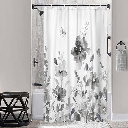 Grey Floral Shower Curtain, Grey Lavender Floral Butterfly Boho Shower Curtains for Bathroom, Farmhous Flower Cute Fabric Shower Curtain Set with 12PCS Hooks, 36X70IN