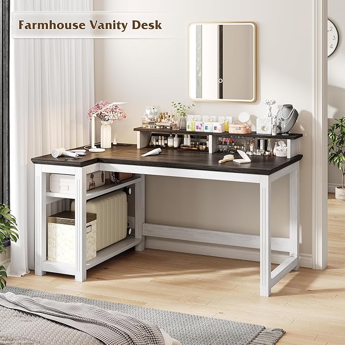 EnHomee 47.3" Computer Desk with Monitor Stand & LED Lights, Farmhouse Office Desk with Power Outlet & Storage Shelves for Home Office, Wood Computer Table for Bedroom Work, Metal Frame,White