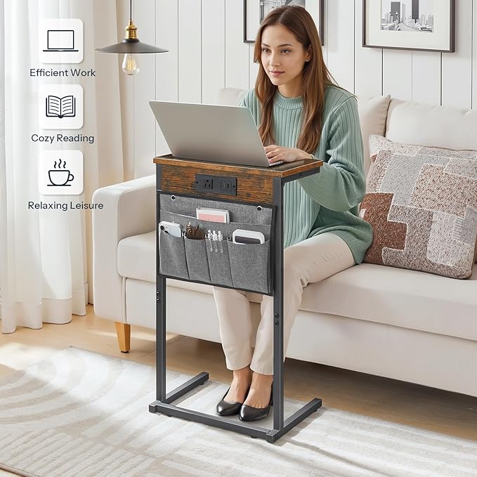 HOOBRO C Shaped End Table Set of 2 with Charging Station, 28" H Couch Side Tables for Small Spaces, Slide Under Sofa Tray Recliner Tables with Storage Bag for Living Room, Rustic Brown BF70USFP201