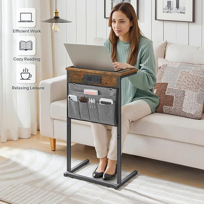 HOOBRO C Shaped End Table Set of 2 with Charging Station, 28" H Couch Side Tables for Small Spaces, Slide Under Sofa Tray Recliner Tables with Storage Bag for Living Room, Rustic Brown BF70USFP201