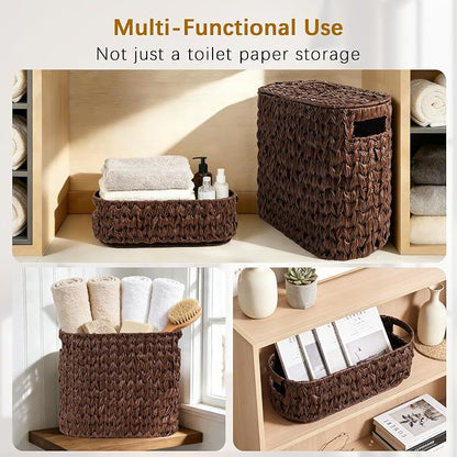 Livole 2-in-1 Toilet Paper Basket with Lid Toilet Paper Storage - 16 Regular Rolls or 12 Mega Rolls Woven Plastic Rattan Waterproof Toilet Paper Organizer for Bathroom, Browm