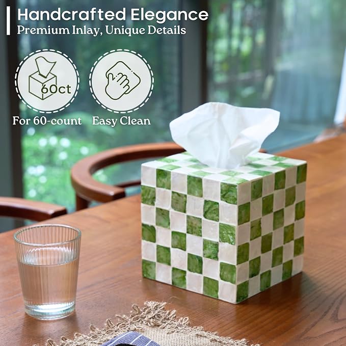CHI AN HOME 5.5" Square Tissue Box Cover, Handmade Checkered Cube Tissue Box Cover with Capiz Shells, Decorative Tissue Holder for Living Room, Bathroom, Bedroom or Office (Pistachio Green)