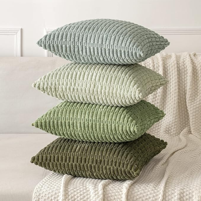 MIULEE Pack of 2 Spring Corduroy Decorative Throw Pillow Covers 20x20 Inch Soft Boho Striped Pillow Covers Modern Farmhouse Home Decor for Summer Sofa Living Room Couch Bed Olive Green