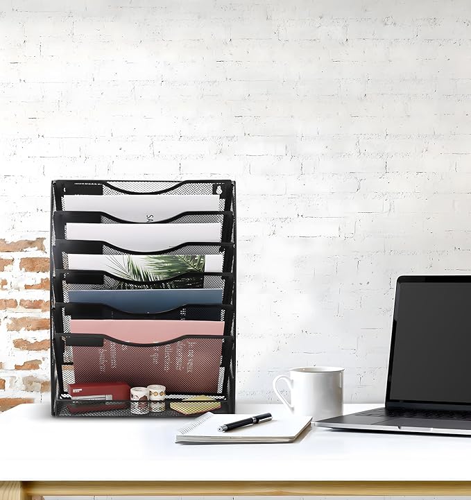 EasyPAG Wall File Holder Organizer 7 Tier Mesh Hanging Wall Mounted Document Paper Folder Filing Magazine Rack with Nametag Label for Office Home School, Black