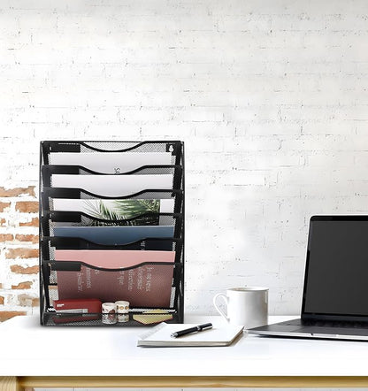 EasyPAG Wall File Holder Organizer 7 Tier Mesh Hanging Wall Mounted Document Paper Folder Filing Magazine Rack with Nametag Label for Office Home School, Black