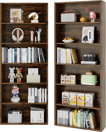 Vongrasig 6-Tier Open Bookcase and Bookshelf, Floor Standing Wood Display Storage Shelves 71 Inch Tall Bookcase Home Decor Furniture for Home Office, Living Room, Bed Room, Rustic Brown, 2 Pieces