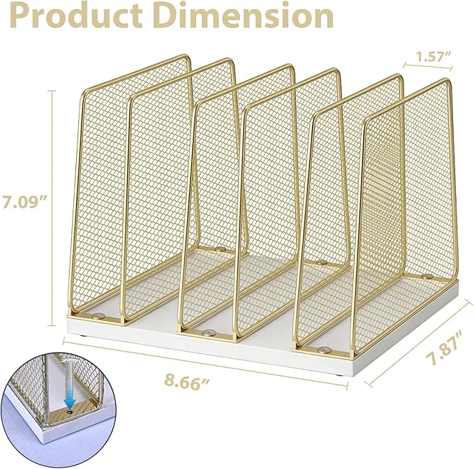 LEKETREE Gold Desk File Organizer, 5-Section Upright File Sorter, Vertical File Folder Holder, Mesh Metal Wood Office Desk Organizer for Document, Magazine, Books and more (White and Gold)