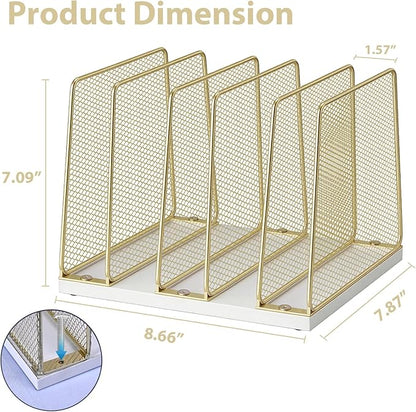 LEKETREE Gold Desk File Organizer, 5-Section Upright File Sorter, Vertical File Folder Holder, Mesh Metal Wood Office Desk Organizer for Document, Magazine, Books and more (White and Gold)