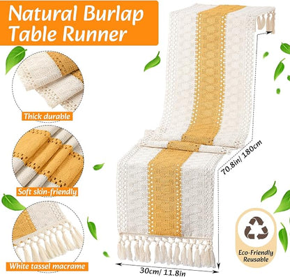 6 Sets Boho Decoration Placemats Round Woven Placemats, Cloth Napkins, Wood Bead Napkin Rings, Long Table Runner and Farmhouse Burlap Cotton for Table Kitchen (Yellow,12x72)