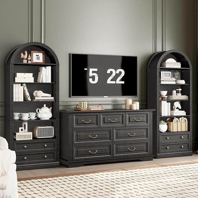Farmhouse Arched Bookshelf Set of2, 7 Tiers Arch Bookcase with 2 Spacious Drawers, Modern Book Shelf with Open Display Shelves and Storage Cabinet, for Office, Living Room, Kitchen, Black