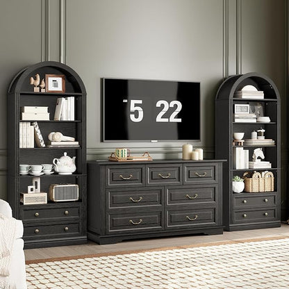 Farmhouse Arched Bookshelf Set of2, 7 Tiers Arch Bookcase with 2 Spacious Drawers, Modern Book Shelf with Open Display Shelves and Storage Cabinet, for Office, Living Room, Kitchen, Black