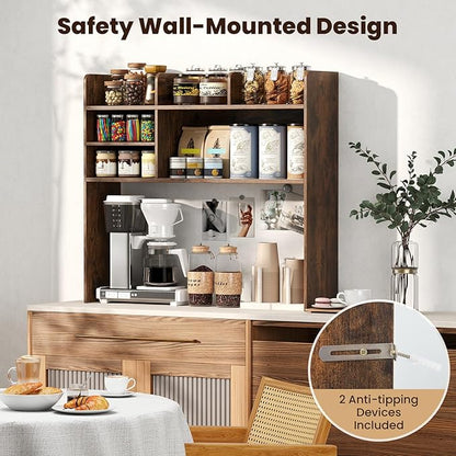 Desk Hutch, Desktop Shelf with 6 Shelves, Desk Bookshelf w/Anti-Toppling Devices, Wood Table Top Bookshelf Organizer, Small Desk Shelf for Study, Office, Dorm (Rustic Brown, 6 Shelves)