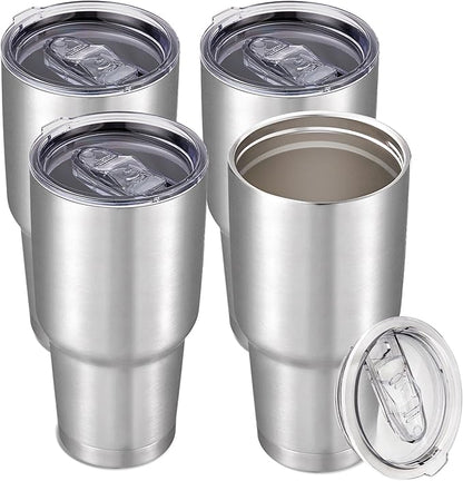 30 oz Tumbler with Lid Stainless Steel Tumblers Bulk Vacuum Insulated Cup Reusable Powder Coated Travel Mug Double Wall Leak Proof Cups Keep Cold Drinks for 12 Hours Stainless, Set of 4