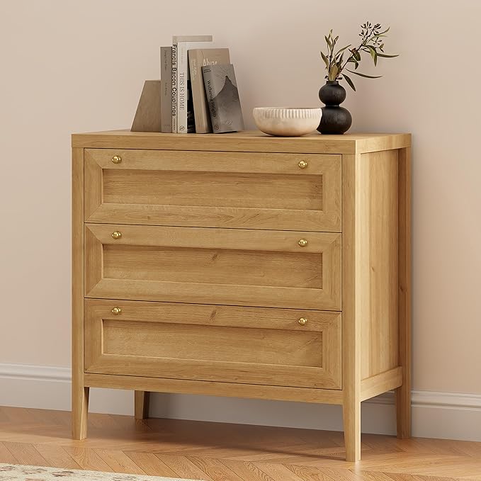 Dresser for Bedroom with 3 Drawers Set of 2, Farmhouse Closet Storage Organizer with Golden Handles, Wooden Nightstand End Table for Living Room, Bedroom, Entryway, Hallway, Natural Oak