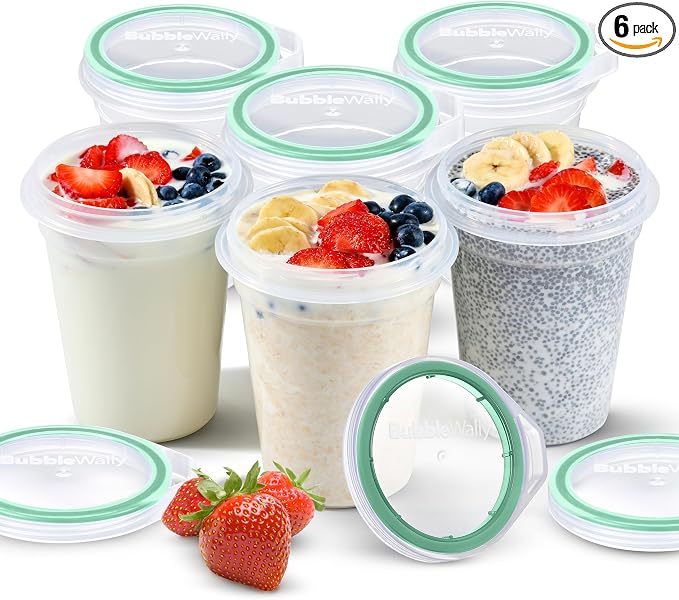 BubbleWally JoyPlus Overnight Oats Containers with Lids Plastic (Green) - Meal Prep Containers Reusable for Food Storage – 16oz Jars for Breakfast, Snacks, and Lunch