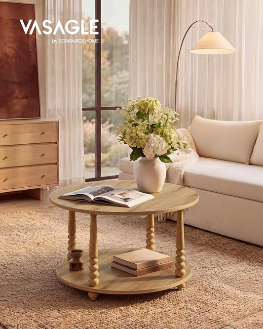 VASAGLE Round Coffee Table, 2-Tier Center Table with Storage, Solid Wood Legs, Mid-Century Modern, 31.5 Dia. x 17.7 H Inches, for Living Room, Natural Brown, Mariel Collection ULCT277HC02S