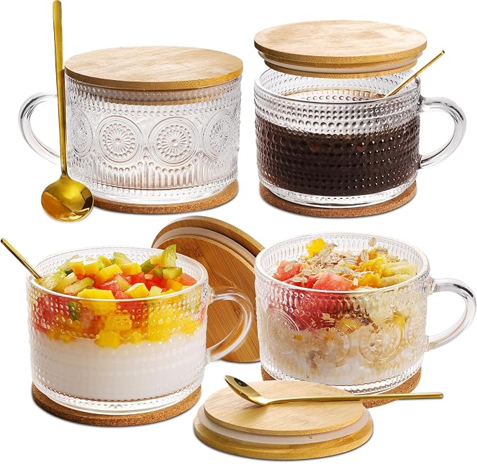 BOICHU Vintage Coffee Mugs Glassware Set of 4-14oz Leak Proof Overnight Oats Containers with Lids and Spoons, Hobnail Glass Cups with Bamboo Lids, Ideal Coffee Bar Accessories Perfect for Drinks, Tea