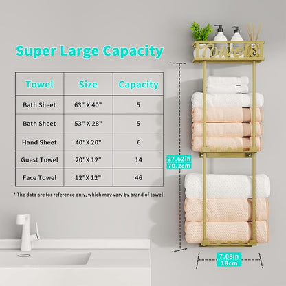 HapiRm Towel Rack Bathroom Storage - 3 Tier Over The Door & Wall Mounted Rolled Towel Racks Holder Organizer with Metal Shelf and 6 Hooks for Small Bathroom, Camper, Rv - Gold