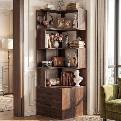 Armocity Corner Bookshelf with Drawers, 7 Tier Corner Book Shelf Display Bookcase, Freestanding L Shaped Bookshelf for Bedroom, Home Office, Black Walnut