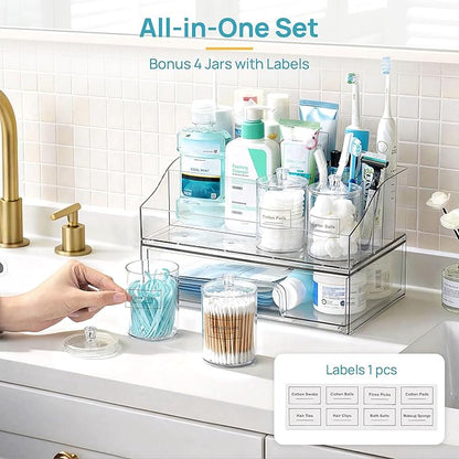 Vtopmart 6 PCS Bathroom Countertop Organizer, 1 Divided Tray with 4 Qtip Holder Jars and 1 Drawers, Restroom Clear Organizers for Toothbrush, Cotton Pads, Vanity Accessories Storage Set