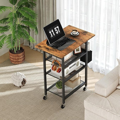 MAHANCRIS 4-Tier Printer Stand, Rolling Printer Table on Wheels, Industrial Storage Stand with Side Pocket, Wooden Tabletop, 2 S-Shaped Hooks, for Home Office, Rustic Brown and Black PTHR2601