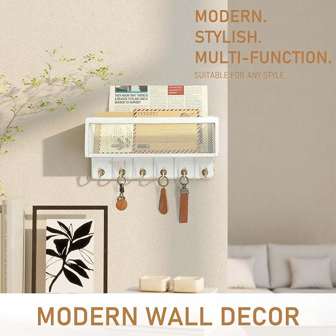 Rebee Vision Pine Wooden Key Holder Wall Mount with Mail Organizer Basket – Rustic Farmhouse Wall Decor for Living Room – Vintage Key Rack & Storage Organizer for Home Essentials (Whitewash)