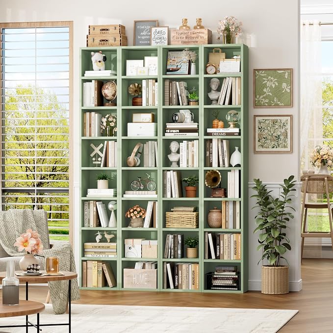 FOTOSOK 8-Tier Media Tower Rack, 11.6 X 9.3 X 70.9 Inches CD DVD Slim Storage Cabinet with Adjustable Shelves, Tall Narrow Bookcase Display Bookshelf for Home Office, Green
