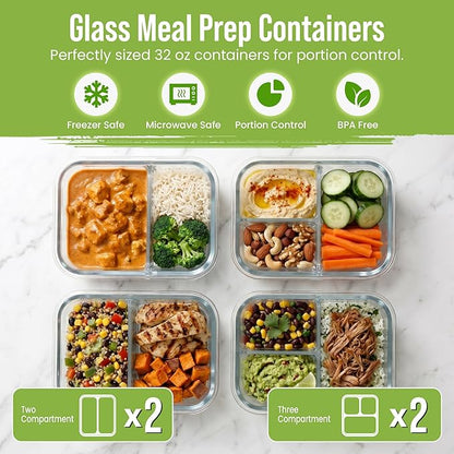 FIT Strong & Healthy Glass Meal Prep Containers, 2 & 3 Compartments - Portion Control, Lunch Container Set, Food Storage, Airtight Lids, Oven & Freezer Safe, Leak-Proof Bento Box, 32 oz, Blue, 4 Pack
