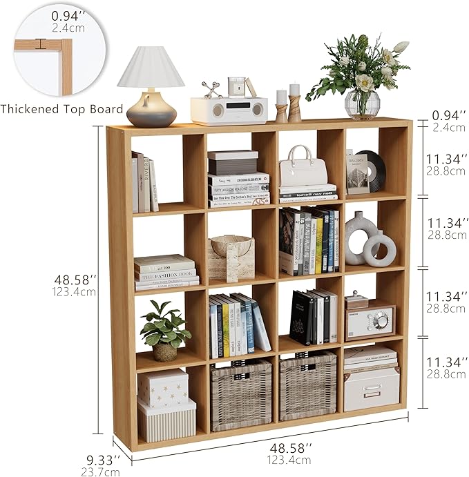 Cube Storage Organizer Bookcase, Decorative 11 inch Open Back Cubical Shelf with Thickened Border, Display Bookshelf for Living Room, Home Office, Sturdy Room (Natural Oak, 16 Cube)