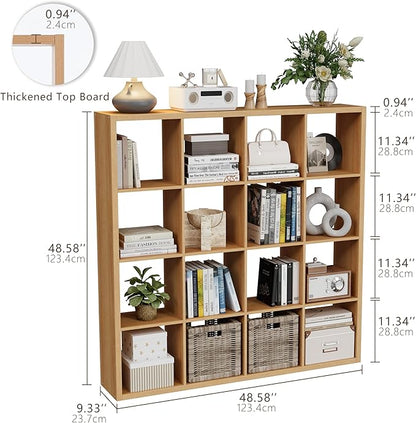 Cube Storage Organizer Bookcase, Decorative 11 inch Open Back Cubical Shelf with Thickened Border, Display Bookshelf for Living Room, Home Office, Sturdy Room (Natural Oak, 16 Cube)