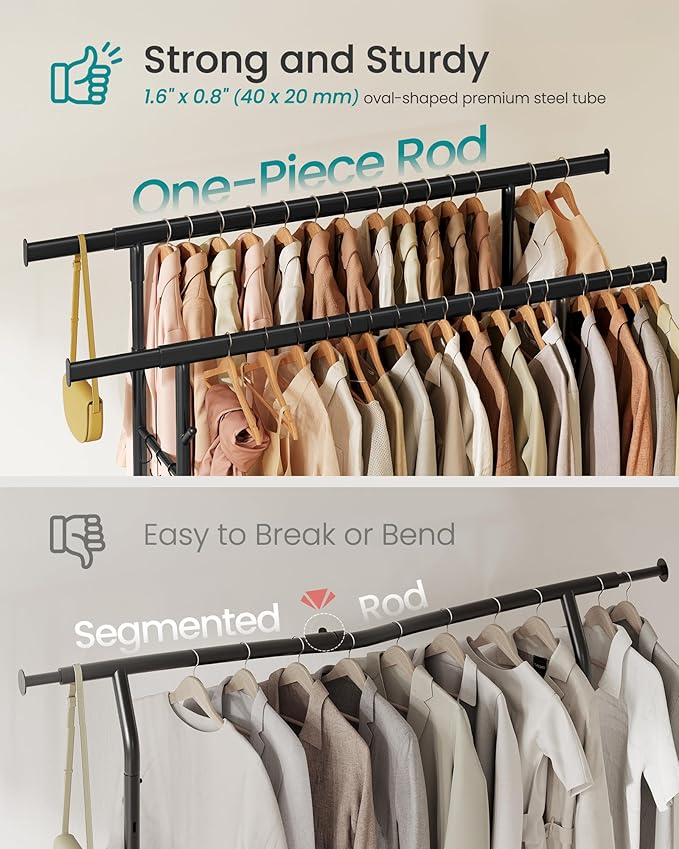 SONGMICS Clothes Rack, Heavy-Duty Rolling Clothing Garment Rack with Wheels, Extendable Double Hanging Rods and Adjustable Height, Portable, with Shelf and Hooks, Ink Black UHSR015B01