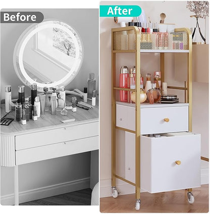 HapiRm Rolling Makeup Cart Organizer - Floor Skincare Make Up Storage with 2 Non-woven Fabric Drawers, Vanity Organizer Cosmetic Display Cases Holder for Skin Care Perfume Nail Polish Brush Hair Tool