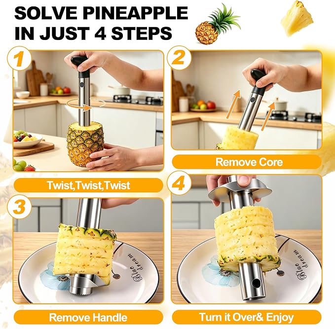 Pineapple Corer and Slicer, Stainless Steel Pineapple Cutter and Corer, Upgraded Pineapple Peeler and Apple Corer Tool with Pineapple Core Remover for Corer Tool Kitchen (Black)