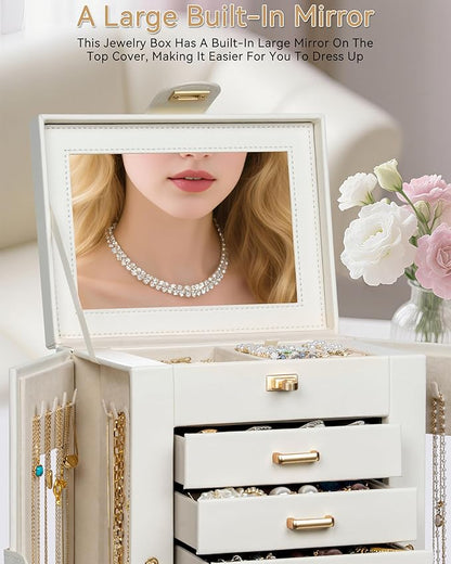 AKOZLIN Jewelry Box 6-Tier Organizer Functional 360° Rotating Jewelry Storage Case for Women Girls Ring Necklace Earring Bracelet Holder with Mirror