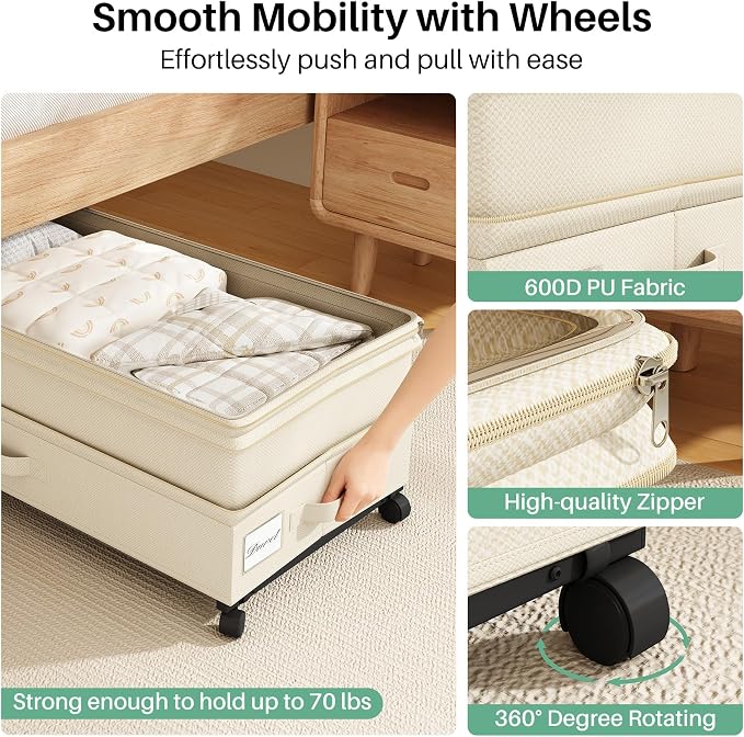 Kitstorack 4 Pack Height-adjustable Under Bed Storage with Wheels, Under Bed Storage Containers,Under Bed Shoe Storage Organizer with Clear Window&Label, Suitable for Clothes Storage, Beige
