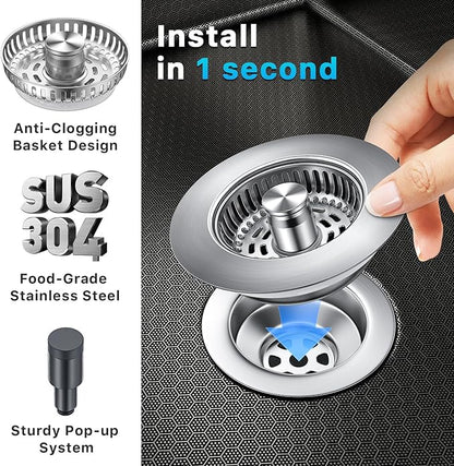 1S-Install Upgraded Kitchen Sink Strainer & Stopper – Pop-Up Fast Drain, Anti-Clog Basket & Deodorizing Cover – Fits US Standard 3.5 in Drain, 3 in 1 Stainless Steel Sink Drain Strainer (Snow)