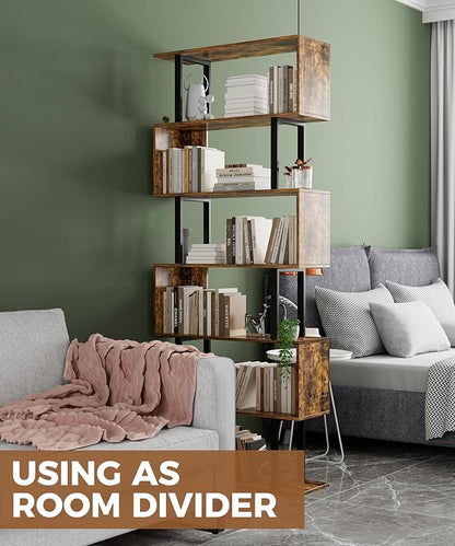 Gadroad 6 Tier Geometric Bookcase,S Shaped Bookshelf, Wood Decorative Storage Shelving, Modern Freestanding Display Shelves, Tall Book Shelf Unit for Living Room Bedroom, Rustic Brown