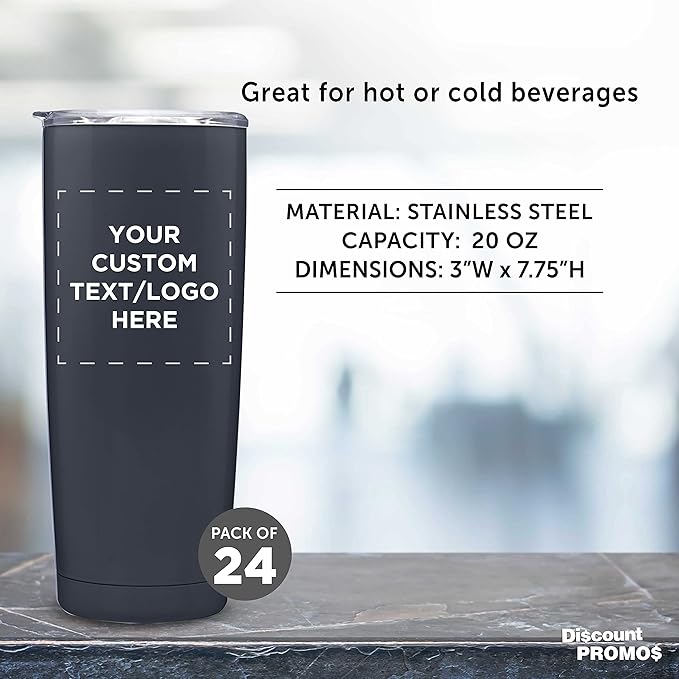 Custom Pipette Stainless Steel Coffee Tumblers 20 oz. Set of 24, Personalized Bulk Pack - Double Wall, Perfect for Coffee, Hot Cocoa, Other Hot & Cold Beverages - Charcoal