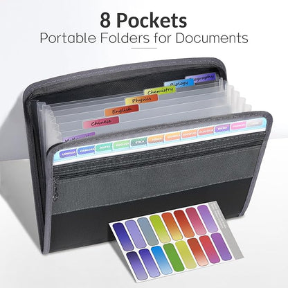 Sooez Accordion File Organizer with Safe Zipper, 8 Pocket Expanding File Folder with Front Pencil Pouch, Portable Monthly Paper Bill Tax Receipt Organizer, School Office Supplies, Letter Size, Black
