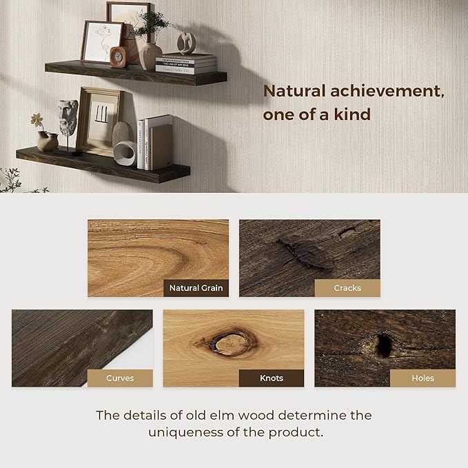 Dreamland 72 inch Floating Shelves for Wall Solid Elm Wood Wall Mounted Shelves|Rustic Long Floating Shelves with Invisible Bracket for Bathroom Living Room Kitchen|Walnut, 1 Pack