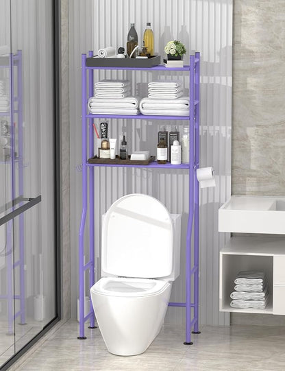 Livilord 3-Tier Over The Toilet Storage, Freestanding Metal Bathroom Shelves with 4 Hooks, Over Toilet Storage Shelf with Paper Holder, Above The Toilet Shelf for Bathroom Storage, Purple