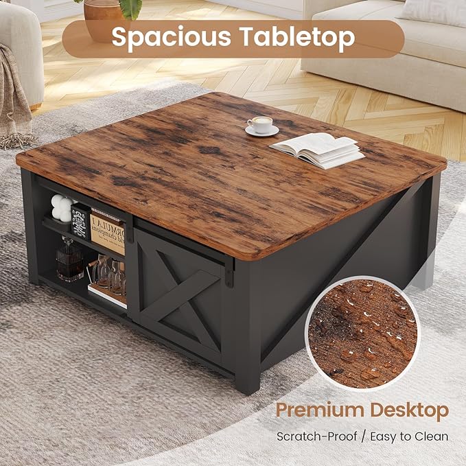 SEDETA 31.5" Lift Top Coffee Table with Storage, Square Coffee Tables for Living Room, Farmhouse Coffee Table with Large Hidden Storage Compartment and Adjustable Shelves, Black