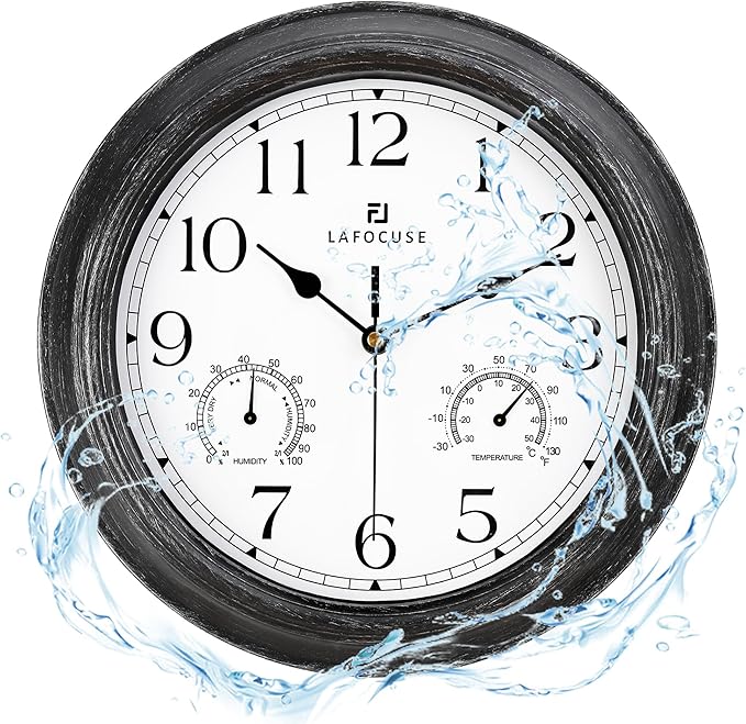 Lafocuse Black Outdoor Wall Clocks Waterproof for Patio with Thermometer, 12 Inch Hygrometer Wall Clock for Kitchen Bathroom Garage