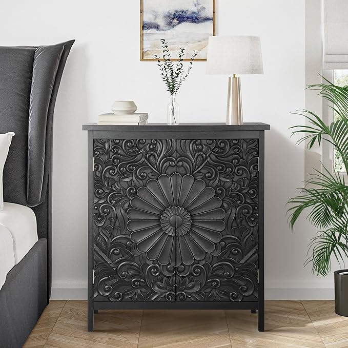 Sophia & William 2-Door Accent Cabinet, Distressed Storage Cabinet with 2 Carved Doors and Wooden Frame for Entryway, Living Room, Black