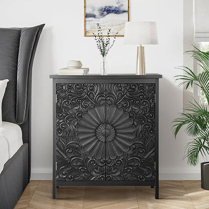 Sophia & William 2-Door Accent Cabinet, Distressed Storage Cabinet with 2 Carved Doors and Wooden Frame for Entryway, Living Room, Black